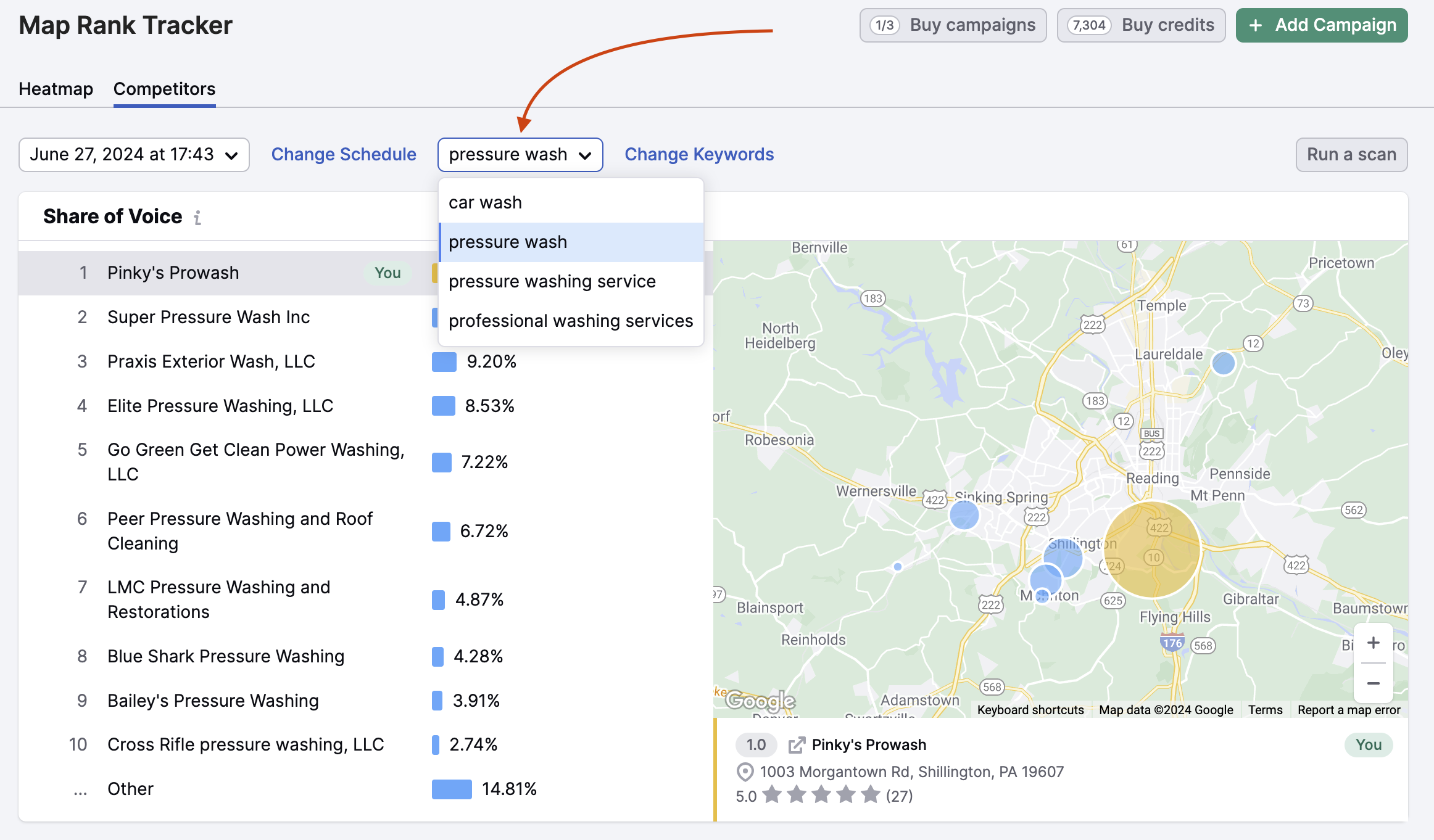 A red arrow pointing to the dropdown for selecting a keyword.